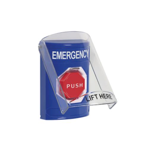 [STI_SS24A2EM-EN] STI Botón de Emergencia con Bocina de Advertencia Integrada, Texto en Inglés, Tapa Protectora de Policarbonato Súper Resistente, Restablecimiento con Llave