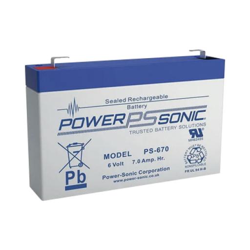 [POWER-SONIC_PS-670-F1] Power-Sonic Batería 6V, 7AH, Para Respaldo, Tecnologías AGM/VRLA, 5 Años Vida Útil, Terminales F1, Reconocida UL 