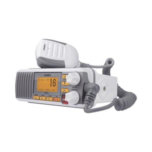 [UNIDEN_UM-385] Uniden Radio Móvil Marino VHF, color blanco, Tx: 156.025 - 157.425 MHz, Rx: 156.050 - 163.275 MHz, 25W de potencia, sumergible IPX4 incluye micrófono y cable de alimentación