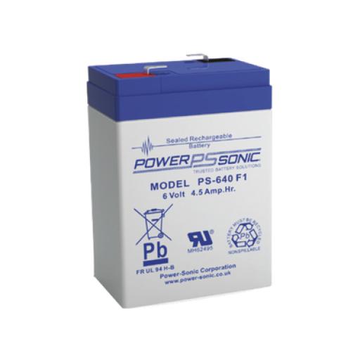 [POWER-SONIC_PS-640-F1] Power-Sonic Batería 6V, 4.50AH, Para Respaldo, Tecnologías AGM/VRLA, 5 Años Vida Útil, Terminales F1, Reconocida UL 