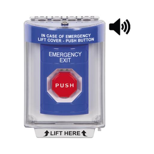 [STI_SS2448EX-EN] STI Botón de Emergencia con Bocina de Advertencia Integrada, Texto en Ingles, Tapa Protectora de Policarbonato Súper Resistente, Restablecimiento con Llave