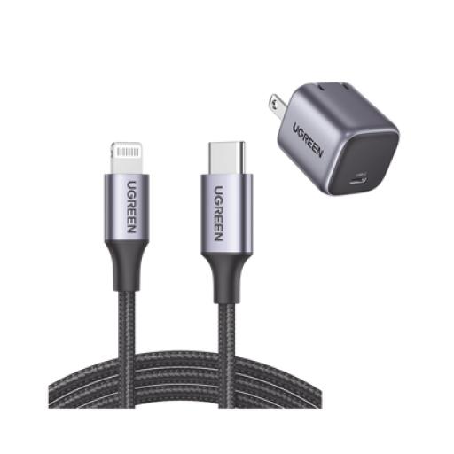 [UGREEN_90902US304] Ugreen Kit de Cargador de 20w Tecnología GaN y Cable Lightning Certificado MFi / Incluye 1 Pza. 90902 / 1 Pza. 60759 / Tecnología Inteligente / Carga Rápida / Cable de 1 Metro / Carcasa de Aluminio / Nylon Trenzado