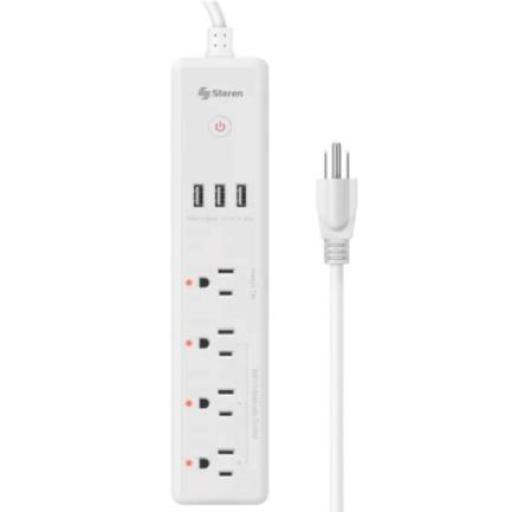 [STEREN_SHOME-300] Steren Barra Steren Multicontacto Wi-Fi de 4 Salidas Horizontales y Triple Cargador USB Color Blanco