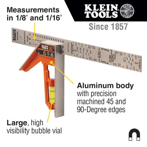[KLEINTOOLS_935CSEL] Klein Tools Escuadra Especial de 12 Pulgadas, con Bordes de 45° y 90° y Regla Magnética. Ranura en V para Diámetro de Tubo Conduit 
