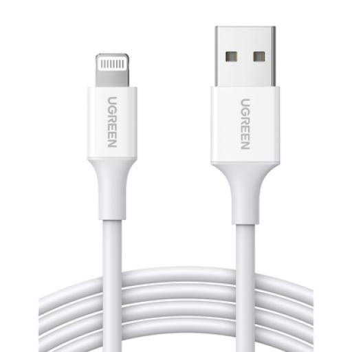 [UGREEN_20728] Ugreen Cable USB-A a Lightning | 1 Metro | Certificado MFi | Carga Rápida 5V/2.4 A| 480 Mbps | PD | Conector C89 | Adecuado para iPhone, iPad y iPod | Protección Integrada | Caja de ABS | Cubierta de TPE | Color Blanco | 2 años de Garant&iac