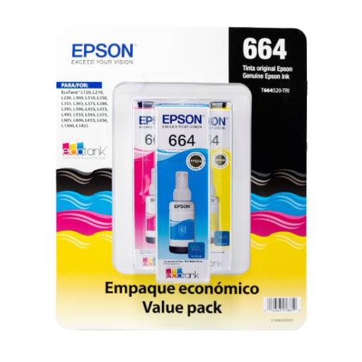 [EPSON_T664520-3P] Epson T664 - Paquete de 3 - 70 ml - amarillo, cián, magenta - original - recarga de tinta - para Epson L120, L1300, L310, L380, L395, L495; EcoTank L310, L575