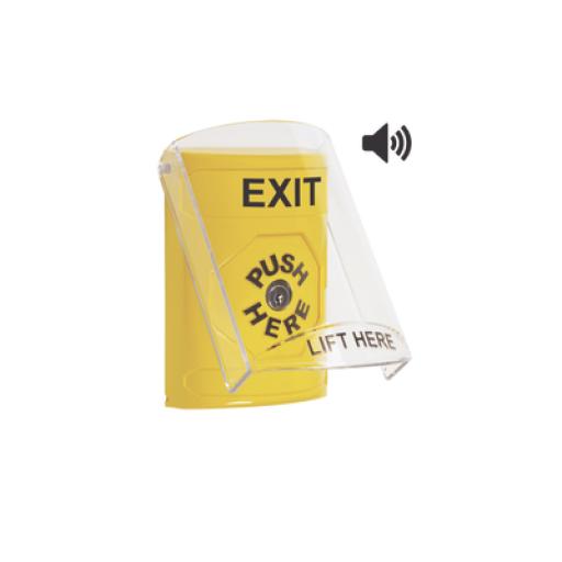 [STI_SS22A0XT-EN] STI Botón de Salida, Texto en Ingles, Tapa Protectora de Policarbonato Súper Resistente, Llave para restablecer, Bocina integrada de Advertencia
