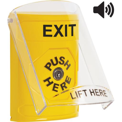 [STI_SS22A0XT-EN] STI Botón de Salida, Texto en Ingles, Tapa Protectora de Policarbonato Súper Resistente, Llave para restablecer, Bocina integrada de Advertencia