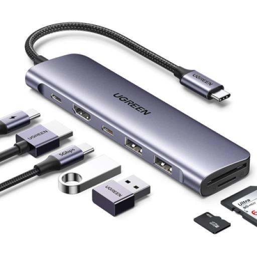 [UGREEN_15214] Ugreen HUB USB-C (Docking Revodok) 7 en 1 | 2 USB-A 3.0 | 1 USB-C 3.0 (5Gbps) | 1 USB-C PD Carga 100W | HDMI 4K | Lector Tarjetas SD + Micro SD (TF) Uso Simultáneo | Chip de Última Generación | Cable de Nylon Trenzado | Caja de Aluminio.
