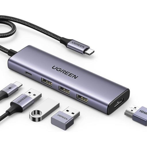 [UGREEN_15596] Ugreen HUB USB-C (Docking Station) 5 en 1 | HDMI 2.0 4K@30Hz | 3 USB-A 3.0 (5Gbps) | USB-C PD Carga 100W | Potente Disipación de Calor | Chip de Ultima Generación | Cable de Nylon Trenzado de 25 cm | Carcasa de Aluminio.