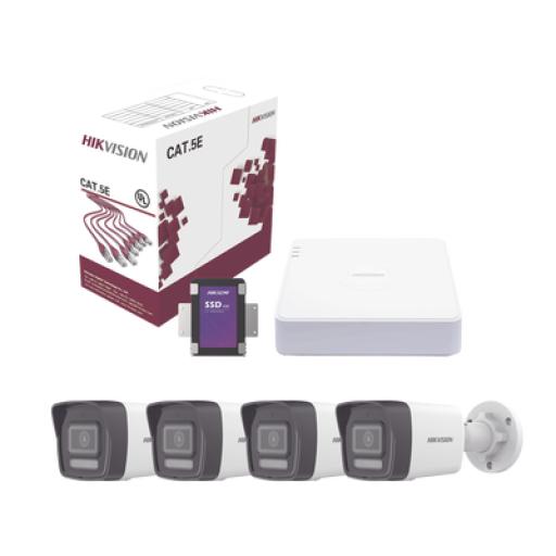 [HIKVISIONDIGITALTECHNOLOGY_KIT4MP/4B/1TB] Hikvision Digital Technology Kit IP 4 Megapixel / NVR de 4 Canales con 4 Puertos PoE / 4 Cámaras IP Bala Dual Light (IR + Luz Blanca) con Microfono Integrado y ACUSENSE Lite para Exterior/ Bobina de Cable de 100 mts / SSD de 1 TB