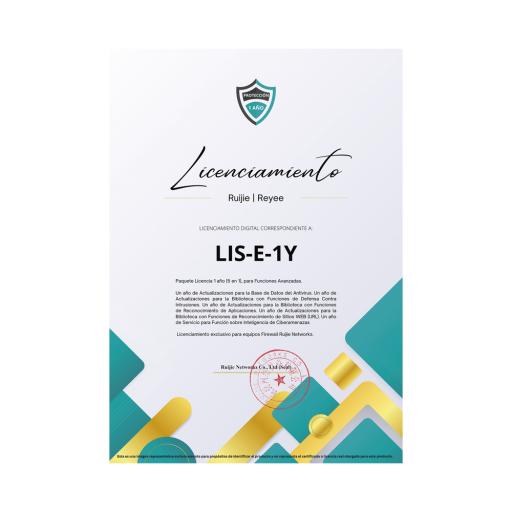[RUIJIE_RG-WALL1600-Z3200-S-LIS-E-1Y] RUIJIE Paquete Licencia 1 año  (5 en 1), para Funciones Avanzadas Firewall modelo RG-WALL1600-Z3200-S