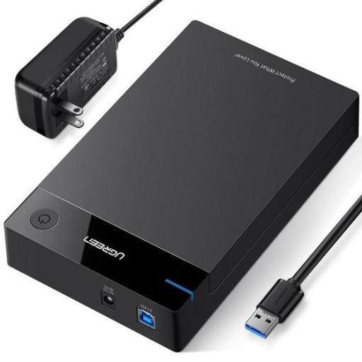 [UGREEN_50423] Ugreen Carcasa Disco Duro 3.5" con Cable USB 3.0 y Adaptador de Corriente 12V 2A Incluido, Caja Disco Duro USB 3.0 con UASP para HDD SSD SATA I/II/III, Hasta 16 TB.