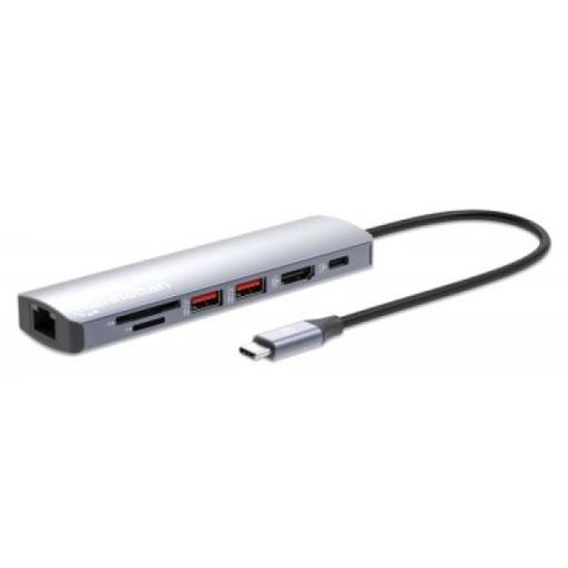 [MANHATTAN_153966] Estación Docking USB-C con lector de tarjetas, 7 en 1 Manhattan Plata.