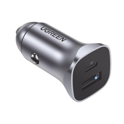 [UGREEN_30780] Ugreen Cargador de Auto 24W | Puerto USB-A y USB-C | Carga Rápida | Compatible con Vehículos de 12 y 24 VCD | PD3.0 + QC3.0 | Indicador Led | Diseño Compacto | Chip Inteligente | Caja de Aluminio.
