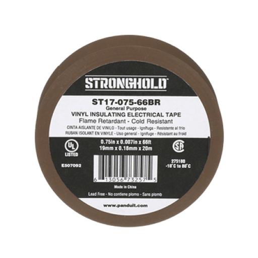 [PANDUIT_ST17-075-66BR] Panduit Cinta Eléctrica STRONGHOLD para Aislar, de PVC, Uso General Reparación y Mantenimiento, Grosor de 0.18mm (7 mil), Ancho de 19mm, y 20.12m de Largo, Color Café