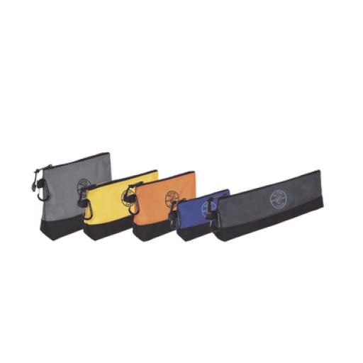 [KLEINTOOLS_55569] Klein Tools KIT 5 Bolsos Ultra Resistentes para Herramientas con Base y cierre Zipper, Colores: gris claro, amarillo, naranja, azul, gris oscuro. Todos con Mosquetones de Aluminio.