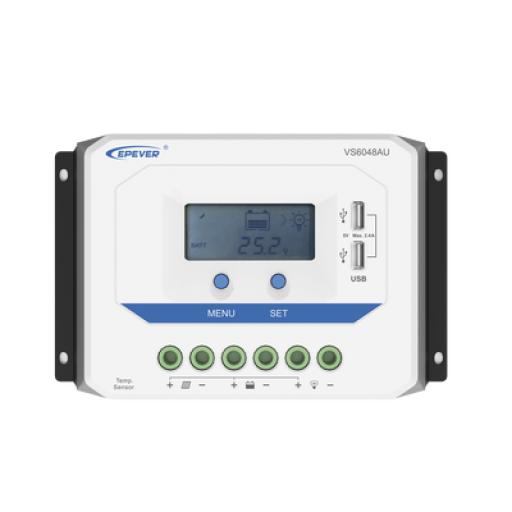 [EPEVER_VS6048AU] EPEVER Controlador Solar de Carga PWM 12/24V/36/48V 60 A 60 A, Salida USB, con Display