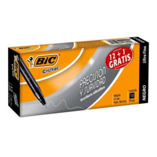 [BIC_922429] BIC Bolígrafo BIC Cristal Precisión y Suavidad Punto Ultra Fino 0.7mm Color Negro C/12+1 Pzas