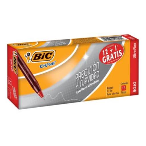 [BIC_922431] BIC Bolígrafo BIC Cristal Precisión y Suavidad Punto Ultra Fino 0.7mm Color Rojo C/12+1 Pzas
