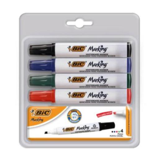 [BIC_514051] BIC Marcador BIC para Pizarrón Blanco Punta Cincel Colores Surtidos C/4 + Borrador