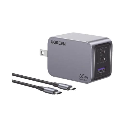 [UGREEN_25870] Ugreen Cargador de 65W serie Nexode Pro| 3 Puertos de Carga Rápida | 2 USB-C | 1 USB-A | Tecnología GaNInfinity | PD3.1 de 65W / QC4.0 | Tecnología de Protección Térmica | Optimiza la Carga | Caja de Aluminio | Incluye Cable US