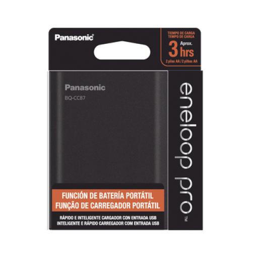 [PANASONIC_BQCCC87ABK] Panasonic Cargador para baterías y power bank  2 en 1, carga individual y/o simultánea hasta 4 baterías, (AA y AAA, Ni-MH )