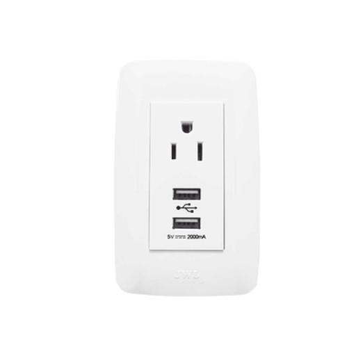 [JWJ_JTL-C7370] JWJ Placa con 1 Tomacorriente 15 A/ 127 V CA y Conector USB tipo hembra 5 VCD/ 2A  / Color Blanco.