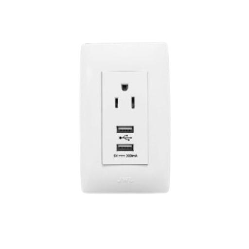 [JWJ_JTL-C7370] JWJ Placa con 1 Tomacorriente 15 A/ 127 V CA y Conector USB tipo hembra 5 VCD/ 2A  / Color Blanco.