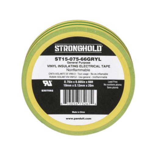 [PANDUIT_ST15-075-66-GRYL] Panduit Cinta Eléctrica STRONGHOLD para Aislar, de PVC, Uso Construcción General en Tierras Físicas, Grosor de 0.13 mm (5 mil), Ancho de 19.05 mm, y 20.12 m de Largo, Color Amarillo/Verde.