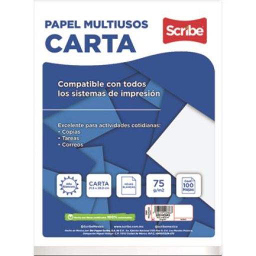 [SCRIBE_5904] Scribe Caja Papel Scribe Bond Multipropósito 5904 Carta Color Blanco 75gr con 24 Paquetes de 100 Hojas