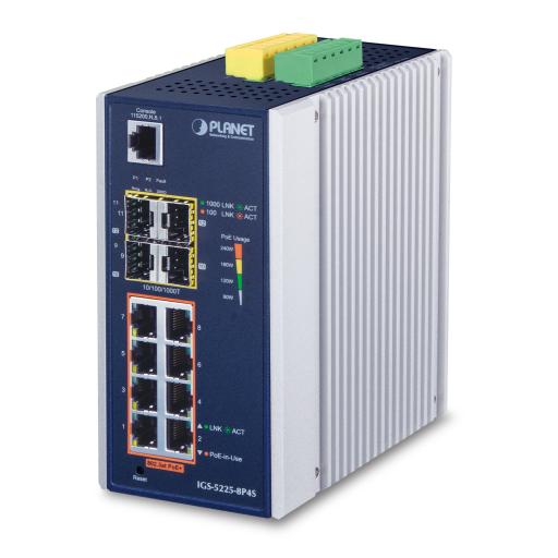 [PLANET_IGS-5225-8P4S] Planet Switch Industrial administrable L2+  8 puertos Gigabit con PoE+ 802.3at y 4 puertos SFP