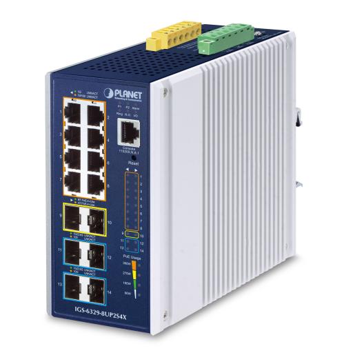 [PLANET_IGS-6329-8UP2S4X] Planet Switch Industrial Capa 3 de 8 Puertos 10/100/1000T PoE 802.3bt, 2 Puertos SFP 1 G/2.5 G, 4 Puertos SFP 10G, Instalación en Pared o Puerto DIN.