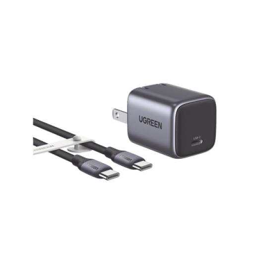 [UGREEN_25256] Ugreen Combo Cargador Nexode Mini 30W PD GaN Tech + Cable USB-C 60W | Tecnología Inteligente | Carga Rápida | Carcasa Ignifuga | Cable de 1 Metro | Carcasa de Aluminio | Nylon Trenzado. 