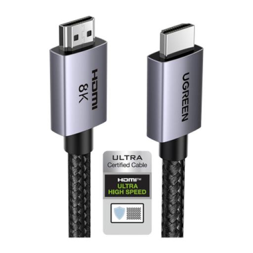 [UGREEN_25910] Ugreen Cable HDMI 2.1 de 8K@60Hz | 2 m | 48Gbps | HDR10+ | 3D Inversivo| eARC | Dolby ATMOS |   VVR | QMS | QFT | ALLM | 3 modos de Visualización | Certificado HDMI 8K | Niquelado | Nylon Trenzado | Carcasa de Aluminio.