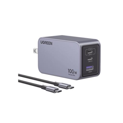 [UGREEN_25873] Ugreen Cargador de 100W serie Nexode Pro | 3 Puertos de Carga Rápida | 2 USB-C | 1 USB-A | Tecnología GaNInfinity | PD3.1 de 100W / QC4.0 | Tecnología de Protección Térmica | Optimiza la Carga | Caja de Aluminio | Incluye Cable
