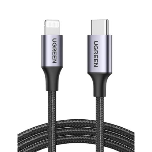 [UGREEN_60761] Ugreen Cable USB-C a Lightning | 2 Metros | Certificado MFi | Carga Rápida 60W | 480 Mbps | Conector C94 | Adecuado para iPhone, iPad y iPod | Protección Integrada | Caja de Aluminio | Nylon Trenzado | Color Negro.