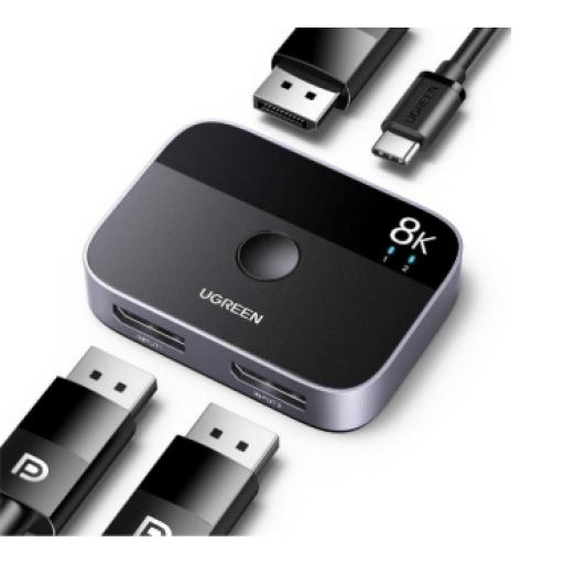 [UGREEN_15708] Ugreen Conmutador DP 1.4 8K | HDMI Splitter 2 Entradas a 1 Salida | Bidireccional | 3D | HDR10+ | Dolby Atmos | 240Hz | 48Gbps | Compatible Free-Sync/G-Syng | Sincronización de Audio | Potentes Chips de Última Generación.