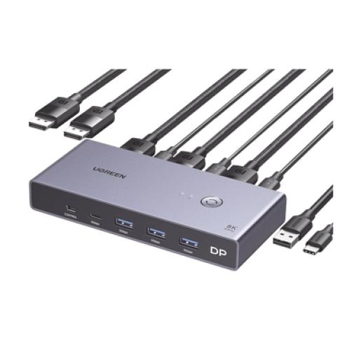 [UGREEN_25962] Ugreen Conmutador KVM DisplayPort 8K | DP 1.4 | 2 Entradas 1 Salida | 4 Puertos USB 3.0 (3 USBA *1 USBC) | Soporta 8K@60Hz | HDR | Control de Escritorio | Carcasa de Aluminio | Indicador Led | Compatible Win, MacOs y Linux.