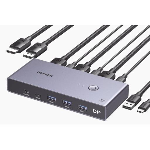 [UGREEN_25962] Ugreen Conmutador KVM DisplayPort 8K | DP 1.4 | 2 Entradas 1 Salida | 4 Puertos USB 3.0 (3 USBA *1 USBC) | Soporta 8K@60Hz | HDR | Control de Escritorio | Carcasa de Aluminio | Indicador Led | Compatible Win, MacOs y Linux.