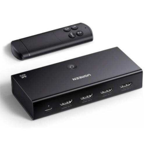 [UGREEN_15376] Ugreen Conmutador HDMI Switch 4@60Hz | 3 Entradas a 1 Salida | 3D | HDR | Dolby Atmos | DTS5.1/7.1 | HDCP2.2 | PCM2.0 | HDMI2.0 | Reduce el Retraso y la perdida de fotogramas | Incluye Control Remoto.