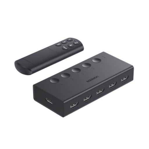 [UGREEN_90512] Ugreen Conmutador HDMI 5X1 | 4K@60Hz | HDMI 2.0, 1.4 |  HDCP 2.2, 1.4 | VRR | Dynamic HDR | 3D | CEC | EDID | IR 10m | 18Gbps | Cambio Manual y por Control Remoto |  Incluye Cable de Alimentación USB.