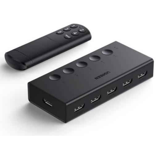 [UGREEN_90512] Ugreen Conmutador HDMI 5X1 | 4K@60Hz | HDMI 2.0, 1.4 |  HDCP 2.2, 1.4 | VRR | Dynamic HDR | 3D | CEC | EDID | IR 10m | 18Gbps | Cambio Manual y por Control Remoto |  Incluye Cable de Alimentación USB.