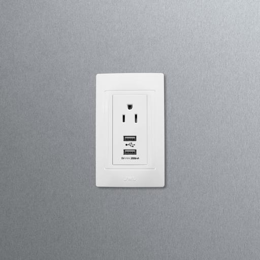 [JWJ_JTL-B72-70] JWJ Placa con Toma de Corriente 2P Y T y Conector USB Tipo Hembra / 15 A 127 V 60 Hz + DC 5V / 2A.
