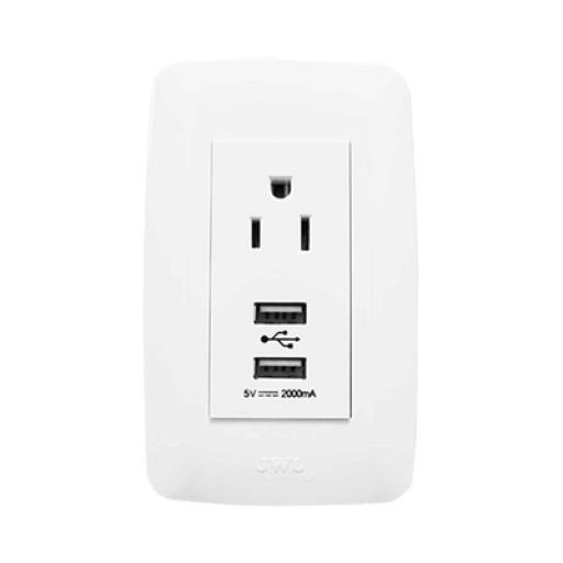 [JWJ_JTL-B72-70] JWJ Placa con Toma de Corriente 2P Y T y Conector USB Tipo Hembra / 15 A 127 V 60 Hz + DC 5V / 2A.