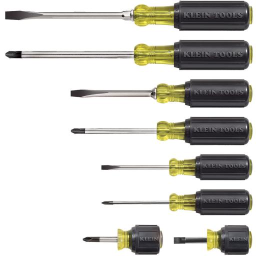 [KLEINTOOLS_85078] Klein Tools Juego de 8 Desarmadores con Mango Cushion-Grip™: 2 de punta Plana de 1/4'' (6.4 mm) y 5/16'' (7.9 mm); 2 de punta Cabinet de 5/16'' (7.9 mm) y 3/16'' (4.8 mm); tres de punta Phillips n.º 1, n.º 2 y n.º 3; y uno Phillips n.º 2 tip