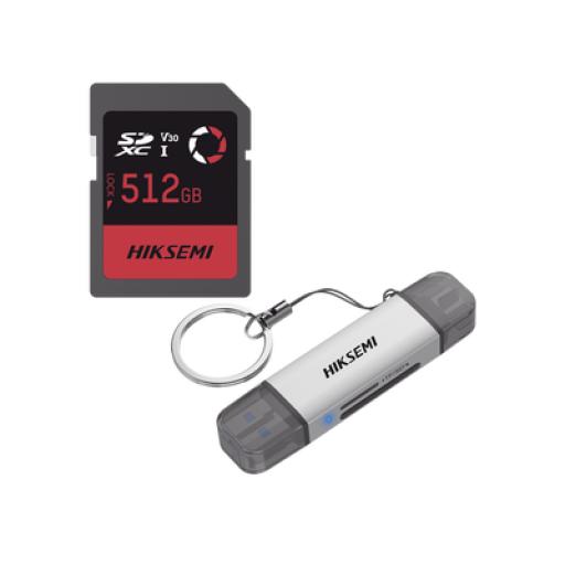 [HIKSEMIBYHIKVISION_HSSDE30/512G/FREE] HIKSEMI by HIKVISION Kit de Memoria SD de 512G para Drones y Cámaras de Acción, con Lector de Tarjetas de Regalo