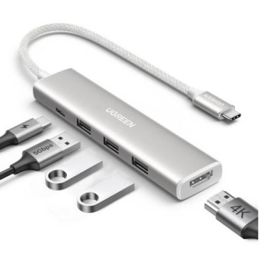 [UGREEN_35580] Ugreen HUB USB-C (Docking Revodok) 5 en 1 | HDMI 2.0 4K@30Hz | 3 USB-A 3.0 (5Gbps) | USB-C PD Carga 100W | Chip de Última Generación | Cable de Nylon Trenzado de 25 cm | Carcasa de Aluminio | Color Blanco.