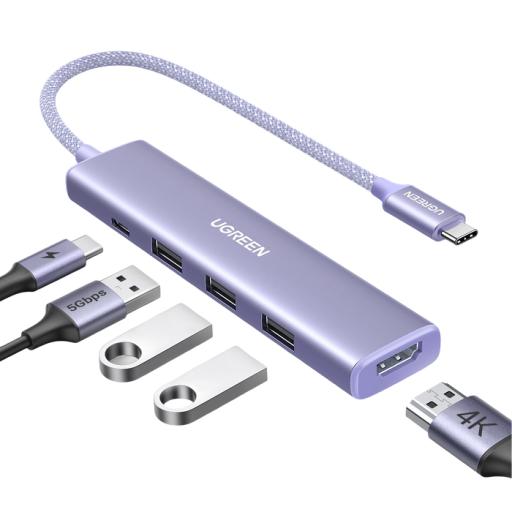 [UGREEN_35582] Ugreen HUB USB-C (Docking Revodok) 5 en 1 | HDMI 2.0 4K@30Hz | 3 USB-A 3.0 (5Gbps) | USB-C PD Carga 100W | Chip de Última Generación | Cable de Nylon Trenzado de 25 cm | Carcasa de Aluminio | Color Morado.