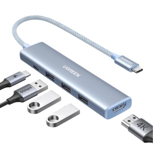 [UGREEN_35581] Ugreen HUB USB-C (Docking Revodok) 5 en 1 | HDMI 2.0 4K@30Hz | 3 USB-A 3.0 (5Gbps) | USB-C PD Carga 100W | Chip de Última Generación | Cable de Nylon Trenzado de 25 cm | Carcasa de Aluminio | Color Azul.